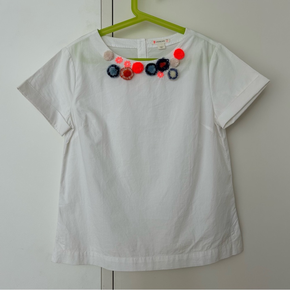 Crewcuts Girls 13 White Shirt with Colorful Pom Pom Accents